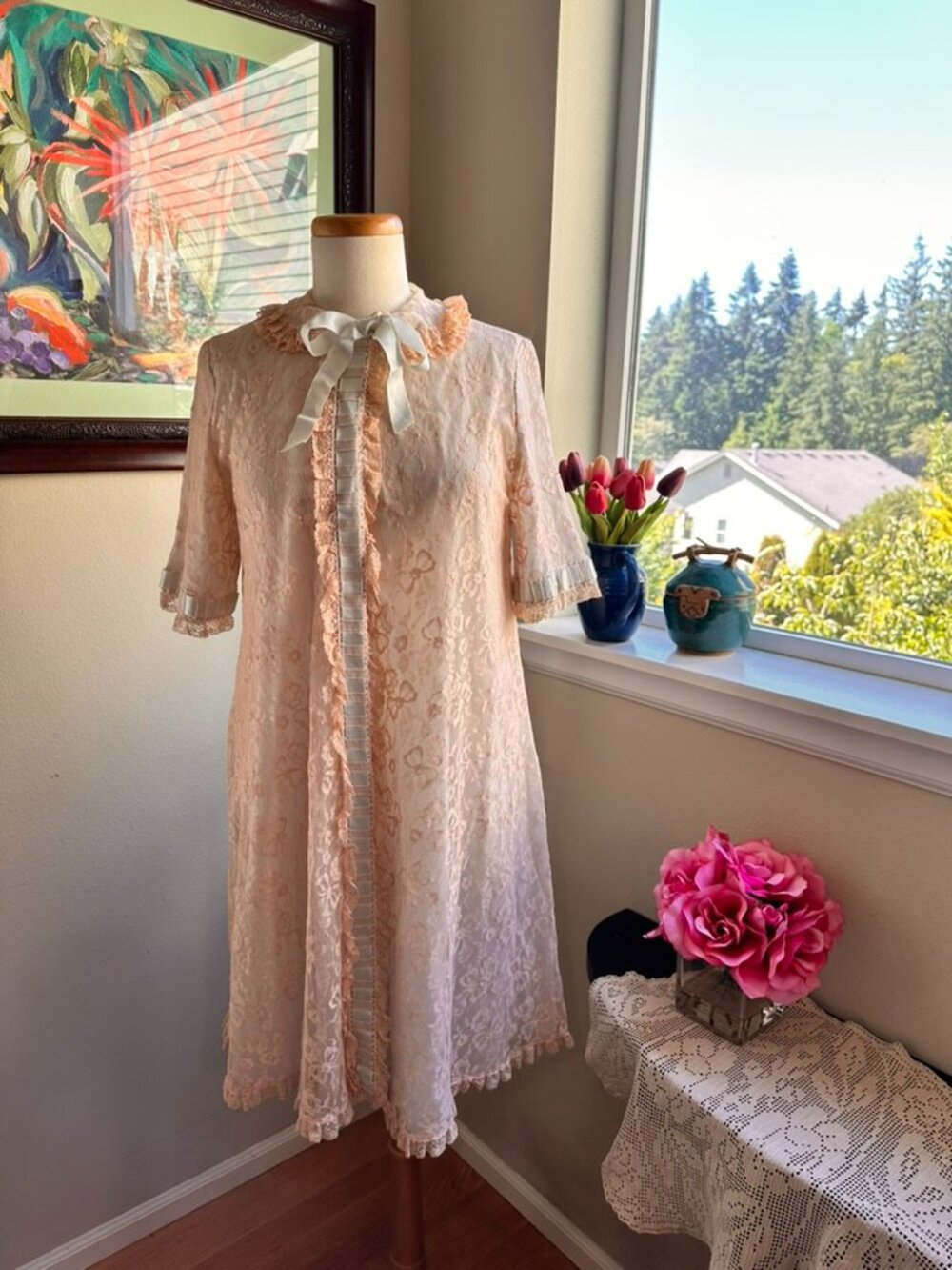 Odette Barsa Lace Dressing Gown - 1950's Luxury MCM Vintage Housecoat - SZ S